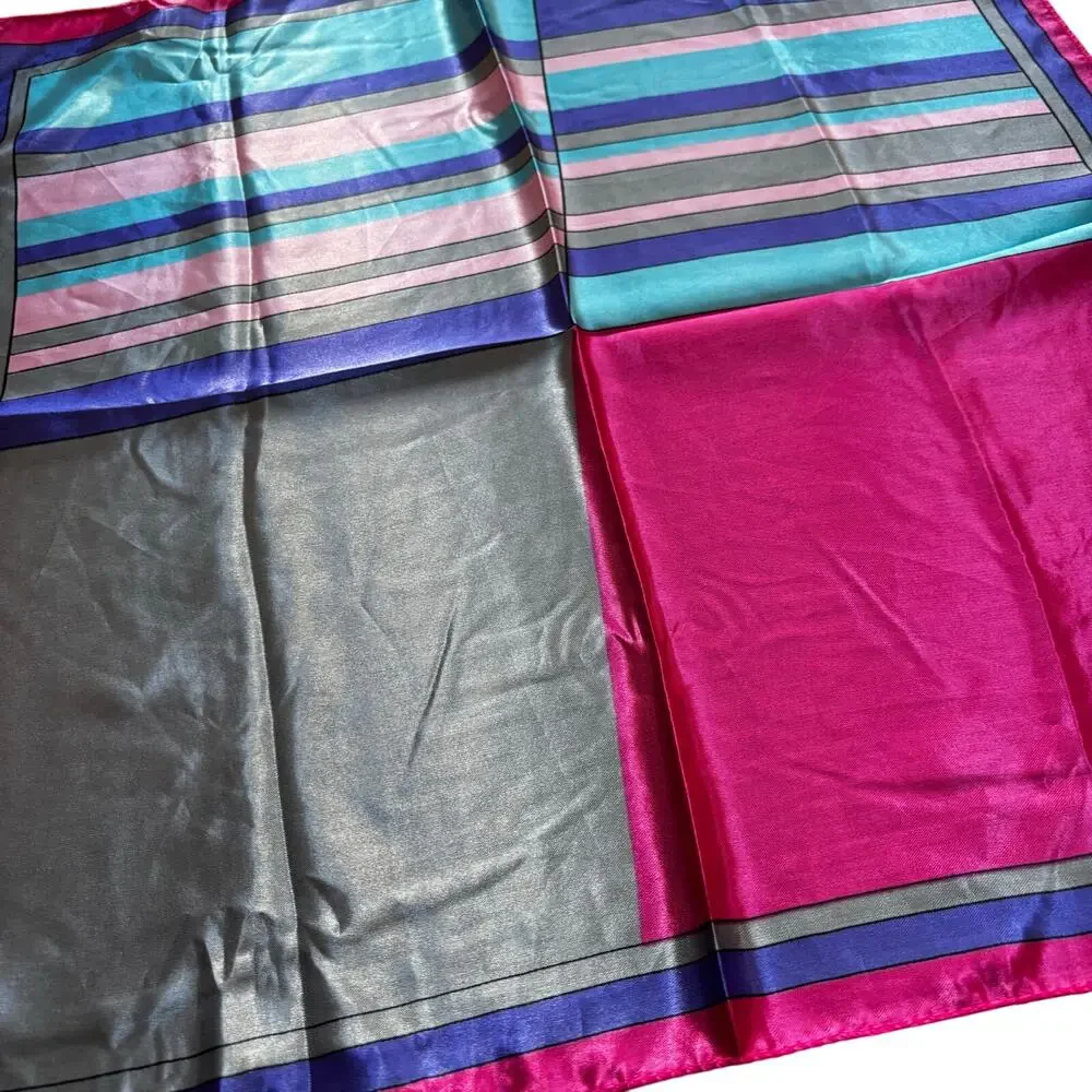 Silky feel satin square neckerchief scarf pink blues gray geometric 20” square